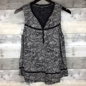 Lucky Brand Split Neck Top Crochet Inset Floral